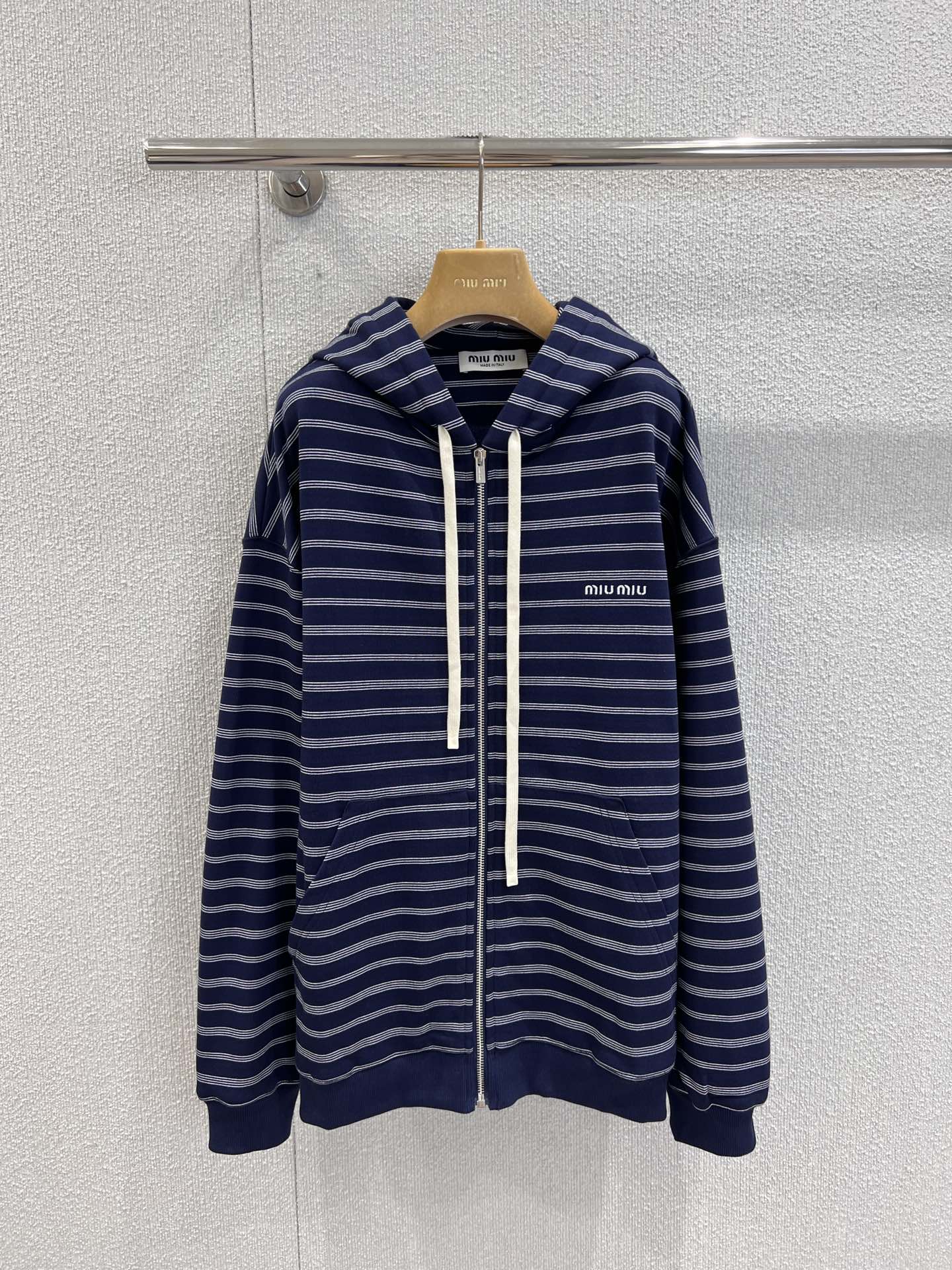 Miumiu 25FW Striped Zipper Hooded Sweatshirt Jacket Blue Cotton