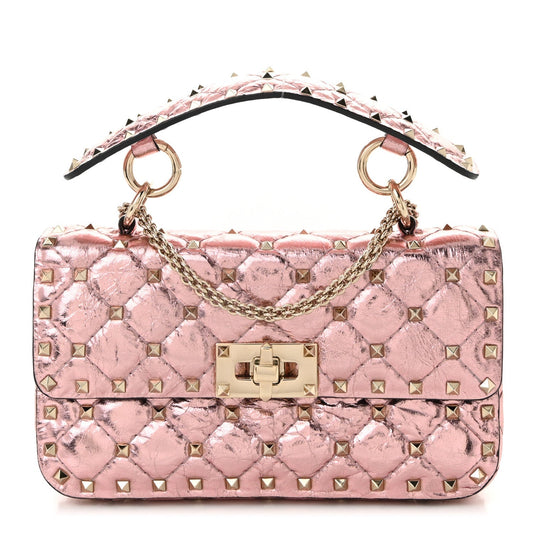 Metallic Wrinkled Lambskin Small Rockstud Spike Shoulder Bag Lipstick