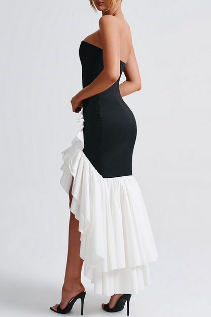 Vestido largo negro con cola de pez, volantes y bloques de color, ajustado y sin tirantes