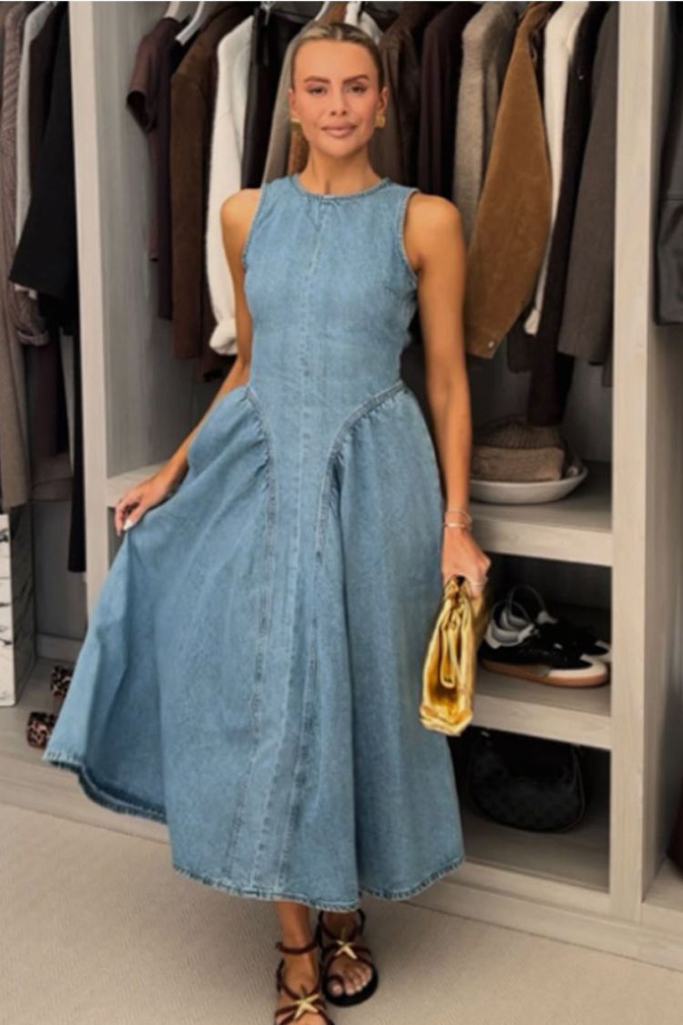Vestido midi clásico y elegante de mezclilla con espalda abierta, fruncido y cintura elástica