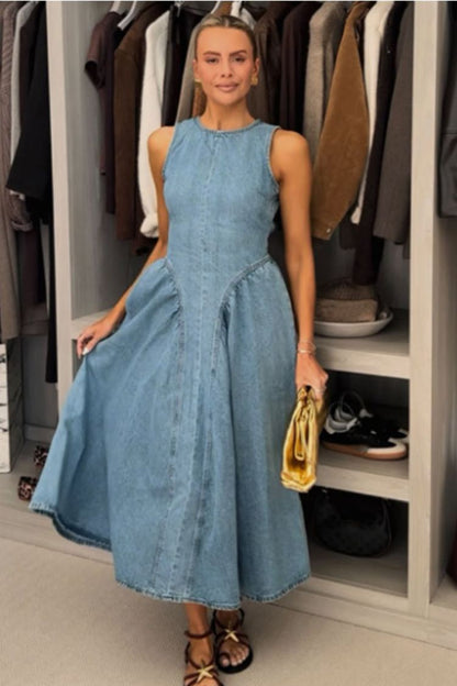 Vestido midi clásico y elegante de mezclilla con espalda abierta, fruncido y cintura elástica