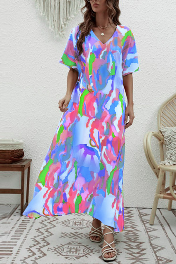 Vestido elegante de cintura alta con cuello en V y vuelo holgado 