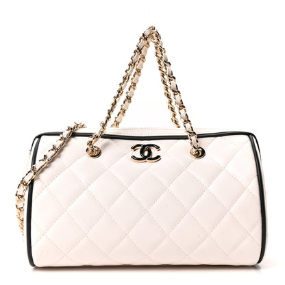 Lambskin Quilted Barrel Clutch With Chain White