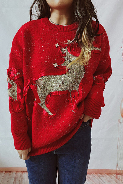 Suéter de punto de cuello redondo y manga larga con estampado navideño