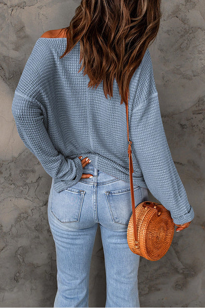 Dusk Blue Waffle Split V Neck Drop Shoulder Long Sleeve Top
