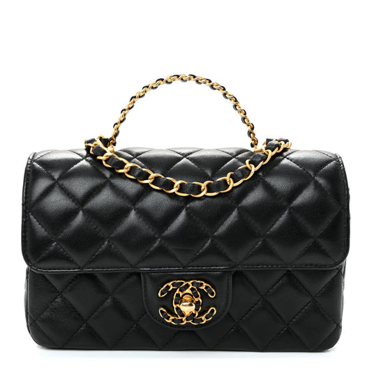 Lambskin Quilted Mini Strass On Top Flap Black