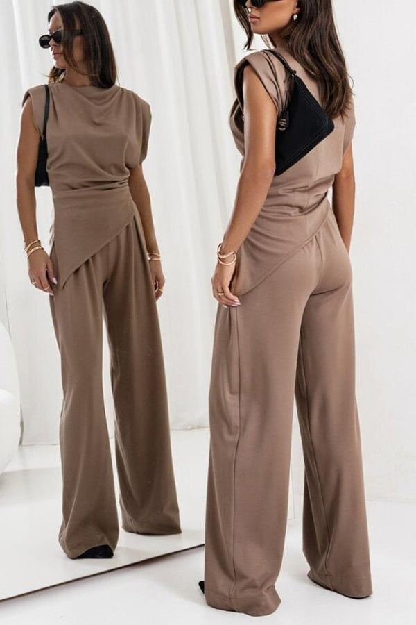 Conjunto de top fruncido con abertura en los hombros y pantalones anchos con bolsillos y cintura elástica de Jordy 