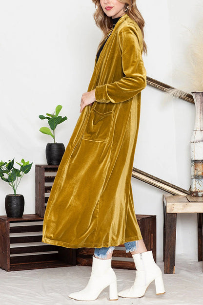 Cárdigan largo elegante de terciopelo amarillo con bolsillo frontal abierto