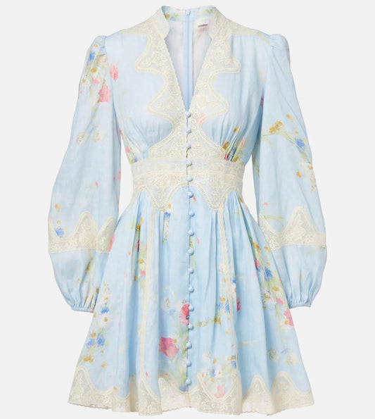 LONG-SLEEVE BLUE FLORAL DRESS
