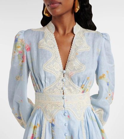 LONG-SLEEVE BLUE FLORAL DRESS