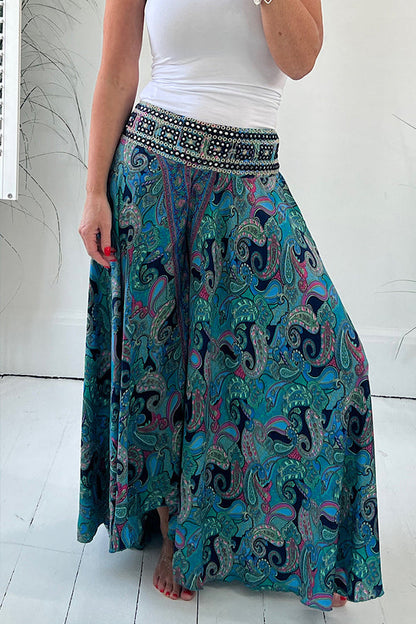 Pantalones ligeros con cintura elástica y estampado paisley étnico