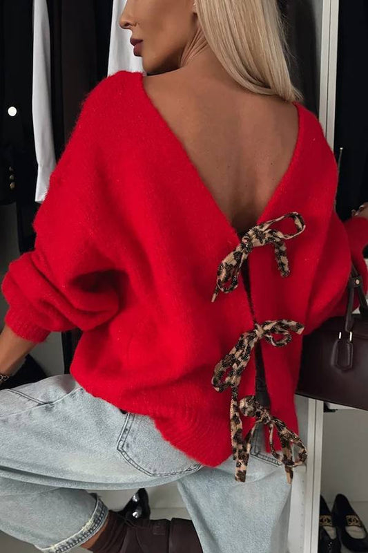 Suéter holgado con lazo y estampado de leopardo en la espalda de punto con encanto de moda