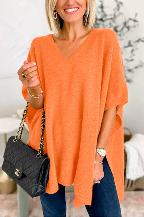 Suéter tipo poncho holgado de color liso con cuello en V más elegante