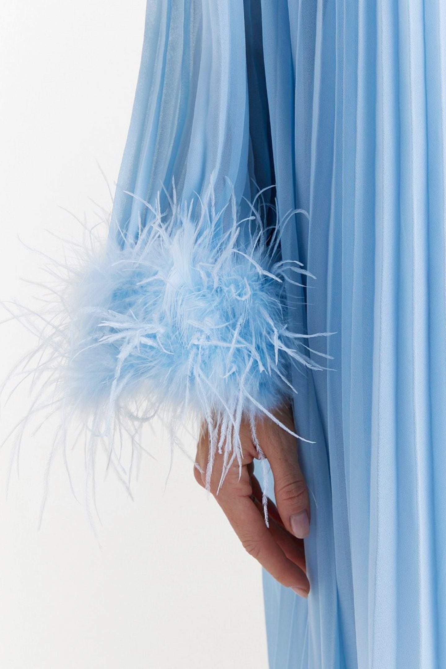 Yvonne Diamante Feathered Pleated Maxi Chiffon Dress