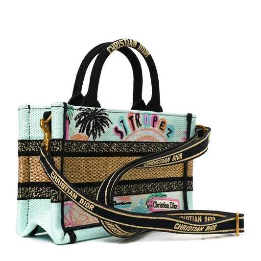 Canvas Embroidered Souvenir Saint Tropez Mini Book Tote With Strap Natural Multicolor