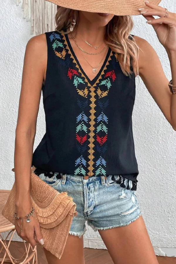 TOP SIN MANGAS CON BORLAS BORDADAS JUST BE YOU BOHO - 4 COLORES 