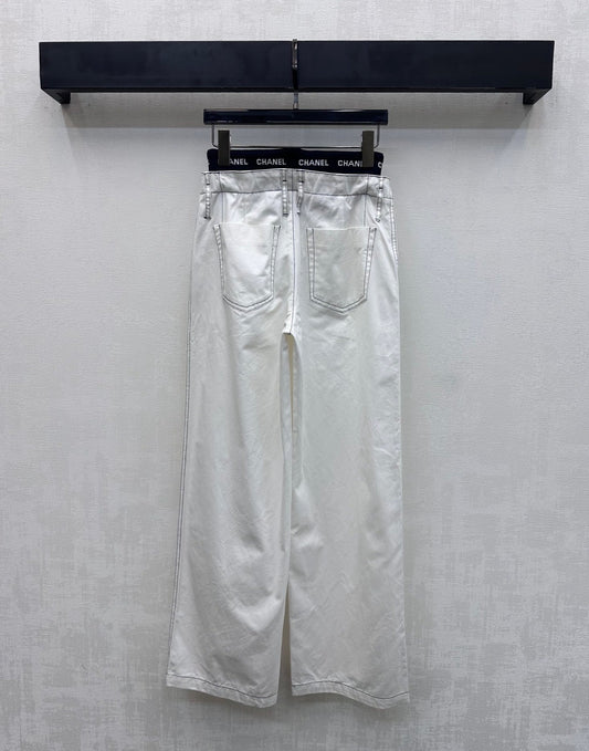 CC Drawstring Webbing Trousers White Cotton Tencel 350186