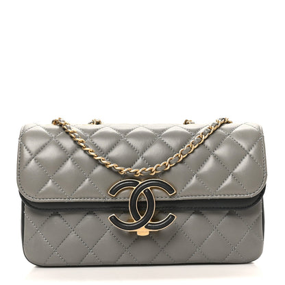 Lambskin Quilted Small CC Chic Flap Grey Dark Navy