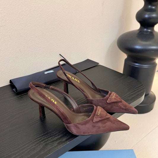 PRADA 25ss Retro Brown Triangle Logo Pointed Toe Kitten Heel in Lambskin 580367