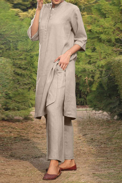 Cotton and linen V-neck 3\/4 sleeve wide brimmed pants 2-piece set