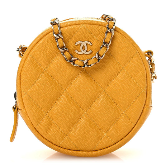 Caviar Quilted Round Clutch With Chain Yellow