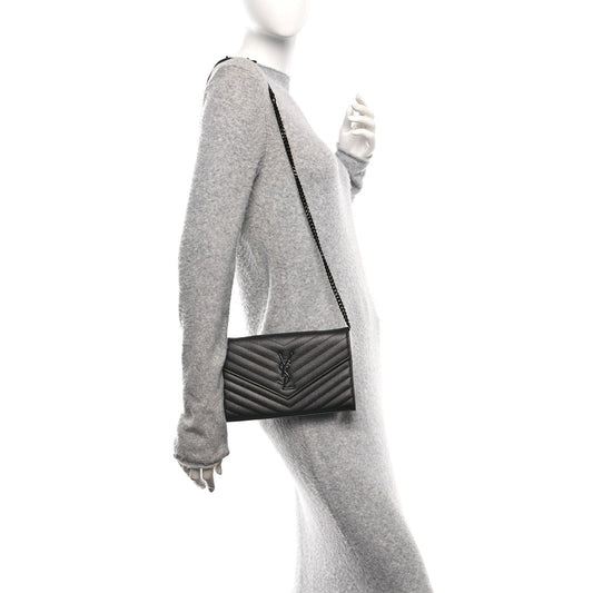 Grain De Poudre Matelasse Chevron Monogram Monochrome Chain Wallet Black