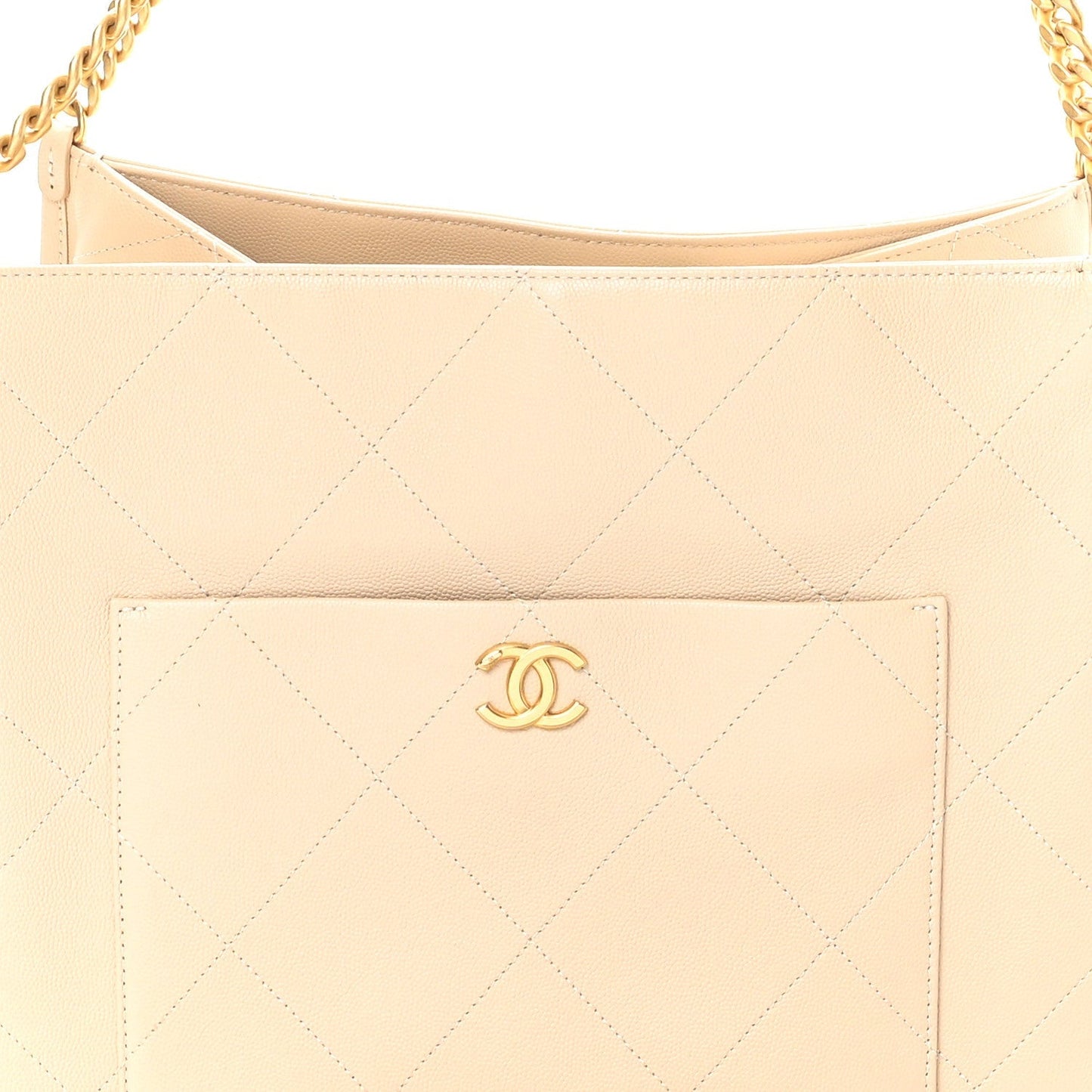Caviar Stitched Pocket CC Large Tote Light Beige