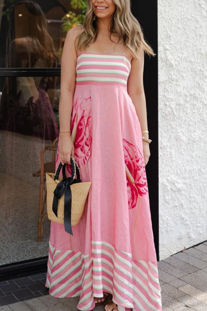Vestido largo camisola con estampado floral y rayas sin espalda