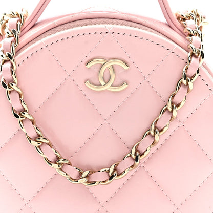 Lambskin Quilted Round Handle With Care Vanity With Chain Pink