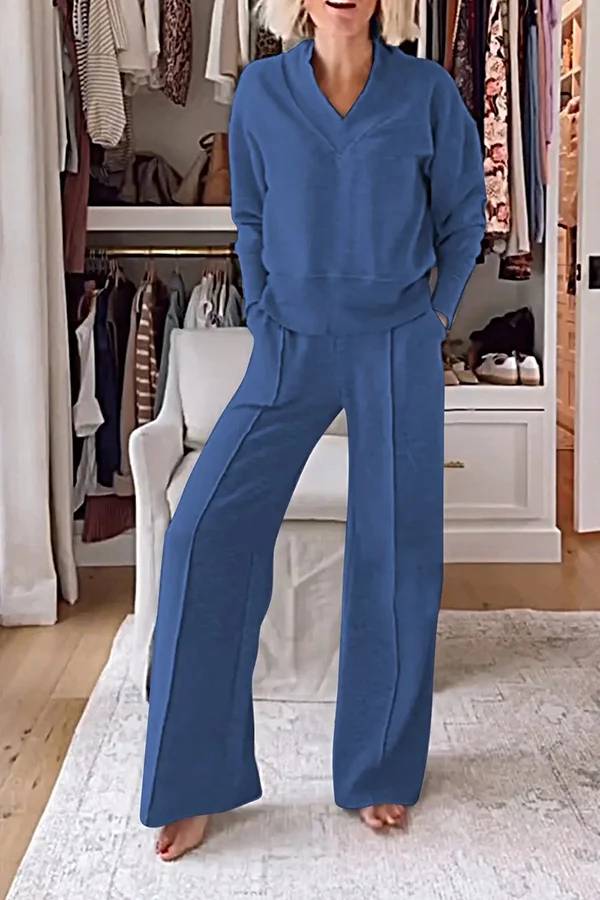 Conjunto de top de cuello en V y pantalones de estar por casa con bolsillos y cintura elástica de color liso para el frío 