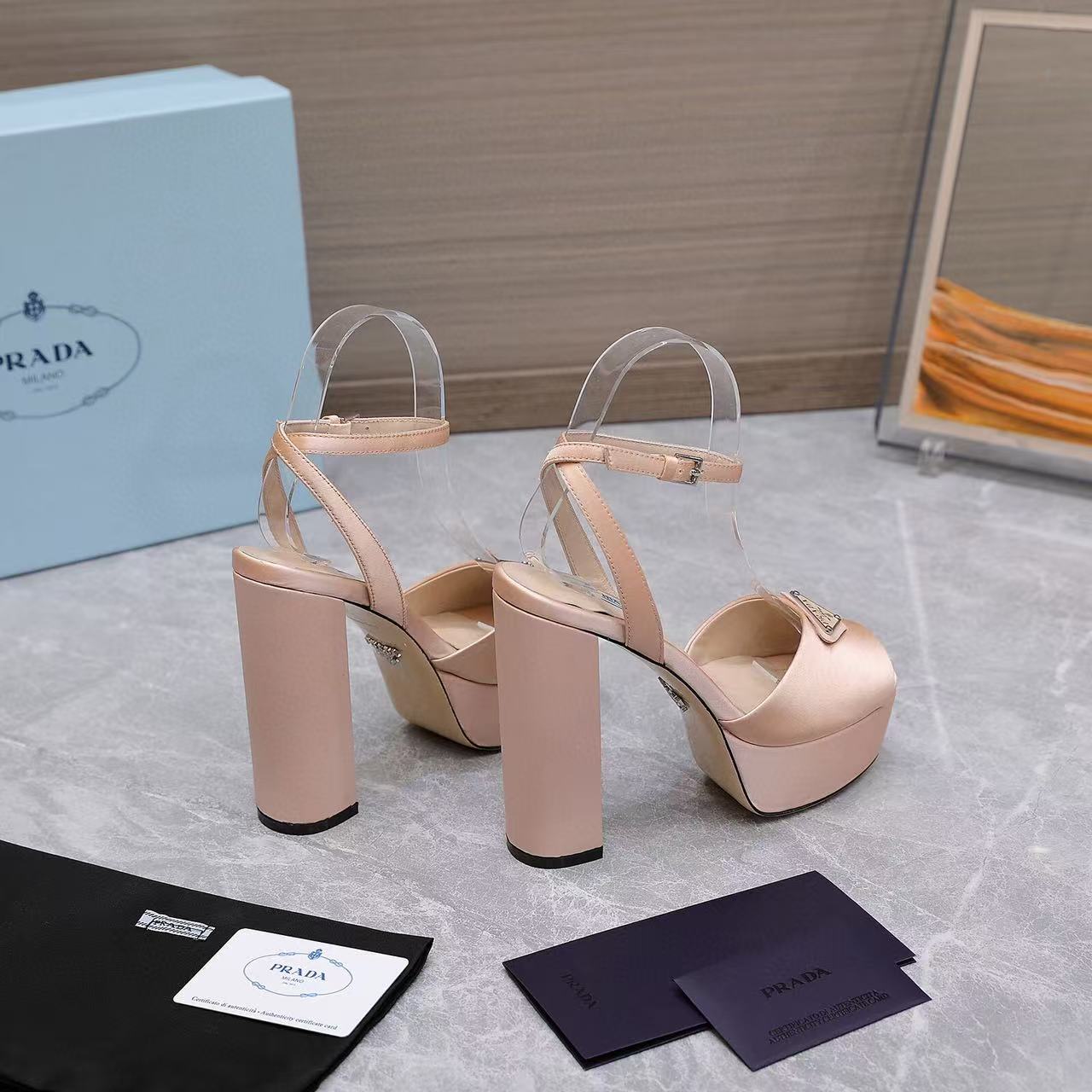 Prada Platforms 130mm High Heel Nude Silk Sandals