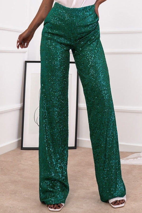 Pantalones rectos casuales de moda con lentejuelas de color sólido