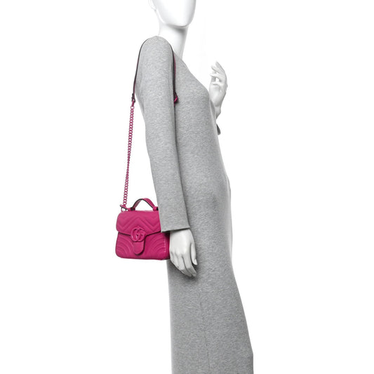 Calfskin Matelasse Monochrome Mini GG Marmont Top Handle Shoulder Bag Classic Fuxia
