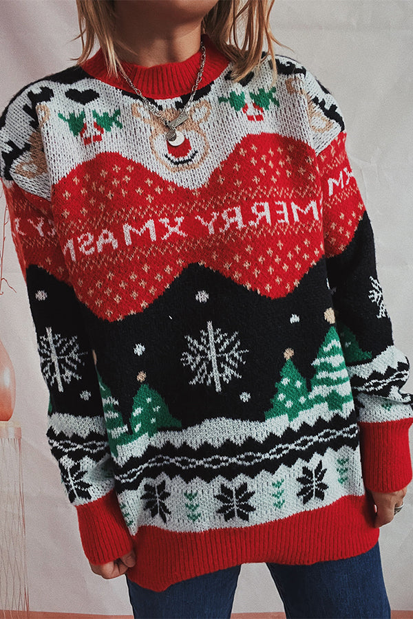Suéter de punto de cuello redondo y manga larga con estampado navideño