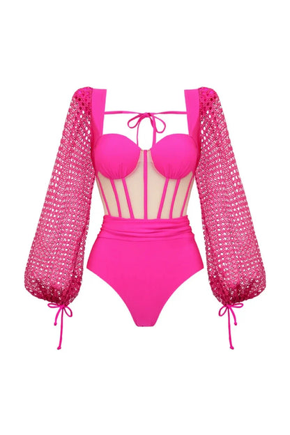 Fluorescent Pink Backless Swimsuit Set
