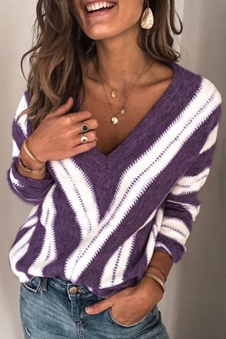 Blusa informal a rayas con escote en V y abertura en contraste (5 colores)