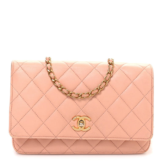 Lambskin Quilted CC Pearl Crush Wallet on Chain WOC Light Orange