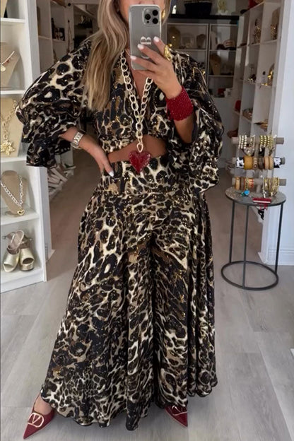 Conjunto de top con mangas abullonadas y estampado de leopardo dorado y pantalones acampanados extragrandes con cintura elástica y tiro alto