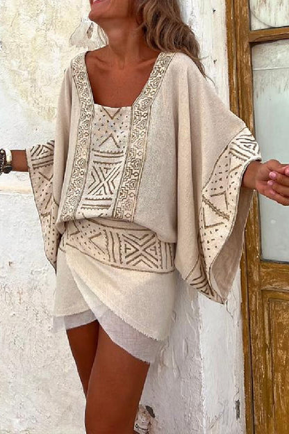 Blusa holgada con mangas dolman y estampado étnico de mezcla de lino Cierra