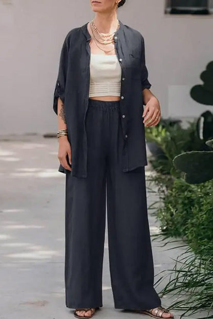 Conjunto de camisa y pantalón de color liso holgado informal