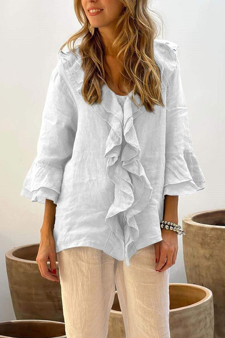 Tops casuales de algodón y lino con cuello con volantes para mujer