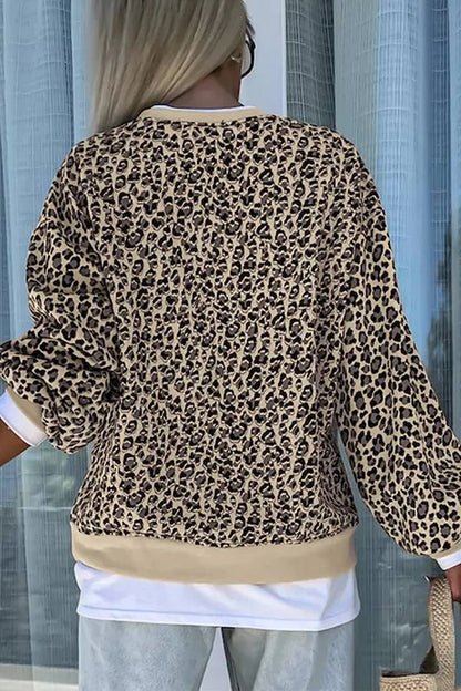 Sudadera holgada informal de manga larga con cuello redondo y estampado de leopardo 