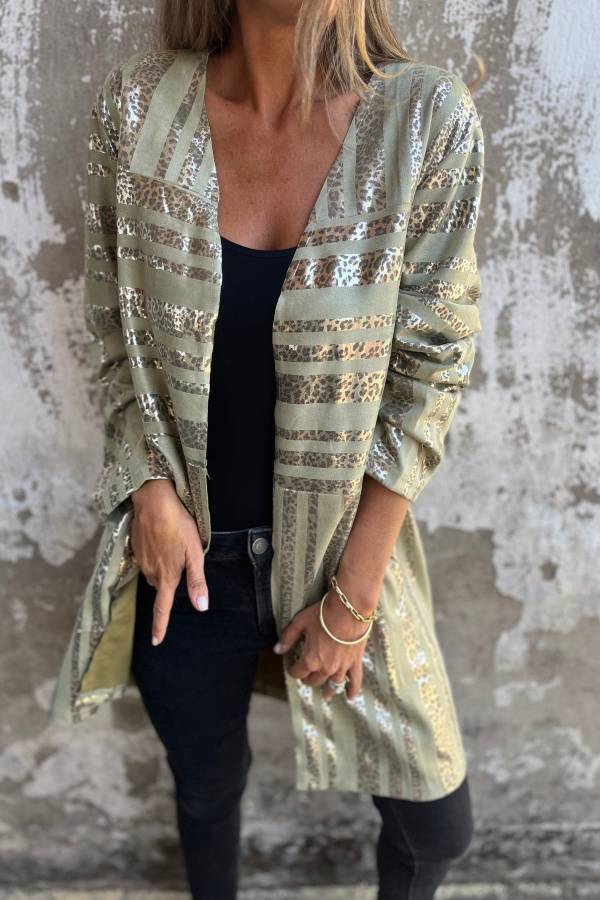Abrigo midi holgado de manga larga con bolsillo y estampado de leopardo dorado de moda