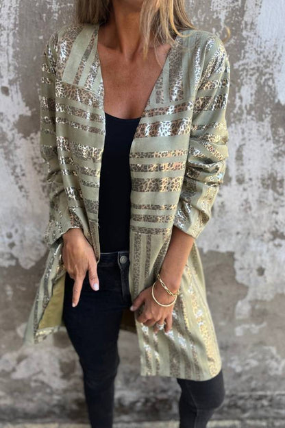 Abrigo midi holgado de manga larga con bolsillo y estampado de leopardo dorado de moda