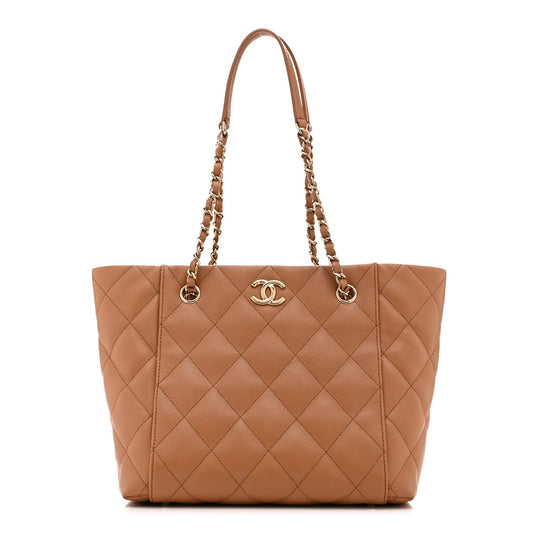 Caviar Quilted Small Shopping Tote Dark Beige