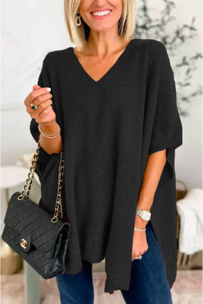 Suéter tipo poncho holgado de color liso con cuello en V