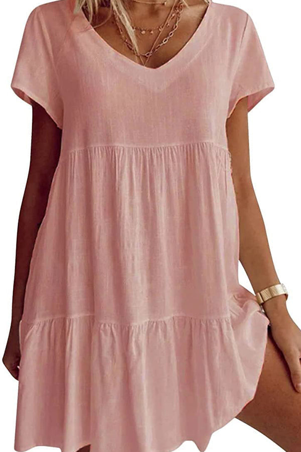 Vestido informal de mezcla de algodón con cuello en V y manga corta 