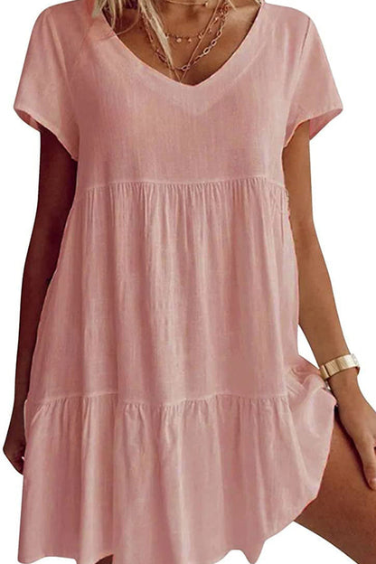 Vestido informal de mezcla de algodón con cuello en V y manga corta 