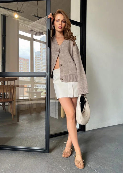 Oversized Knit Button Cardigan - Women’s Long Sleeve V-Neck Sweater