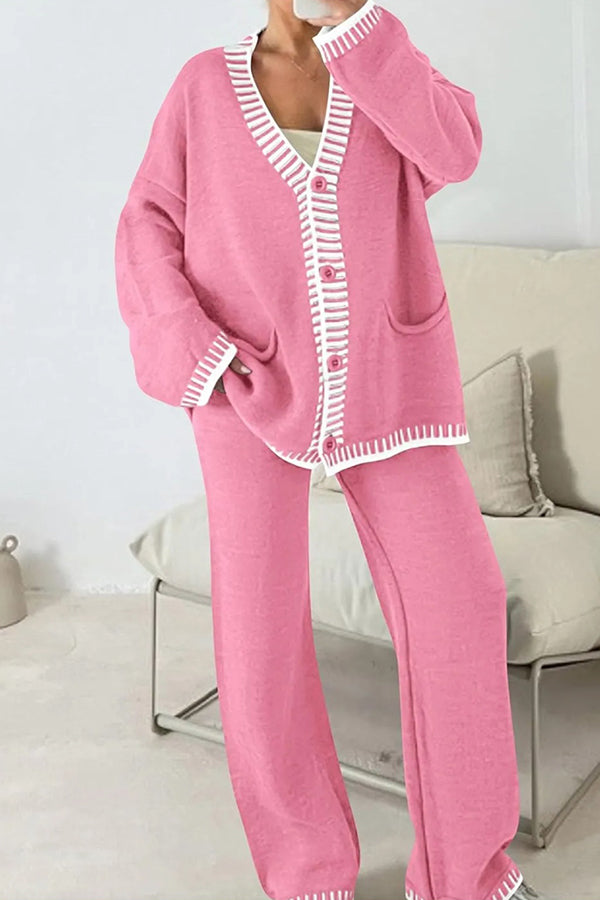 Conjunto de cárdigan informal de punto de manga larga con bolsillos y pantalones anchos y holgados con cintura elástica.